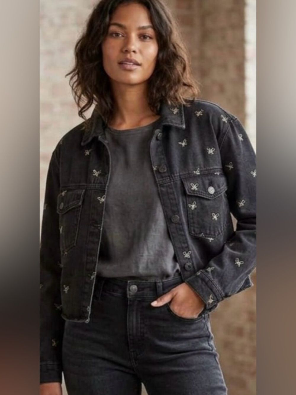 Vintage Stoosh Butterfly Embroidered Cropped Black Denim Jacket M/L Y2K Grunge